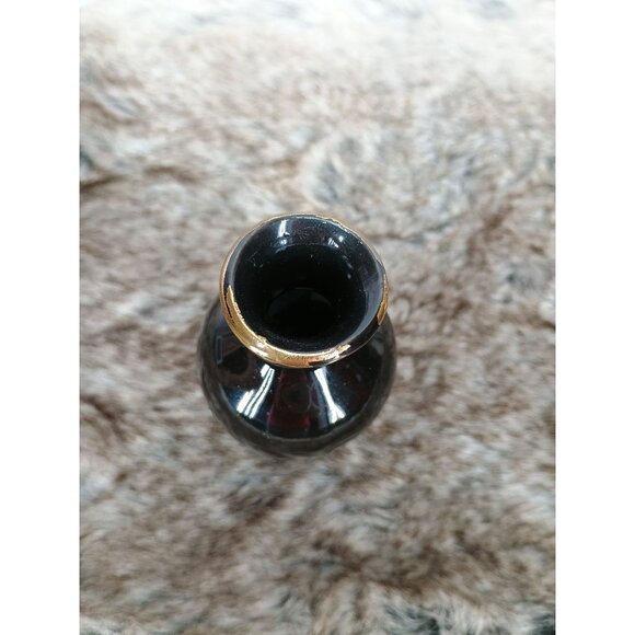Vintage Hand-Painted Black Ceramic Vase With Gold Rim & Bird‎ Floral Design - Picture 3 of 7